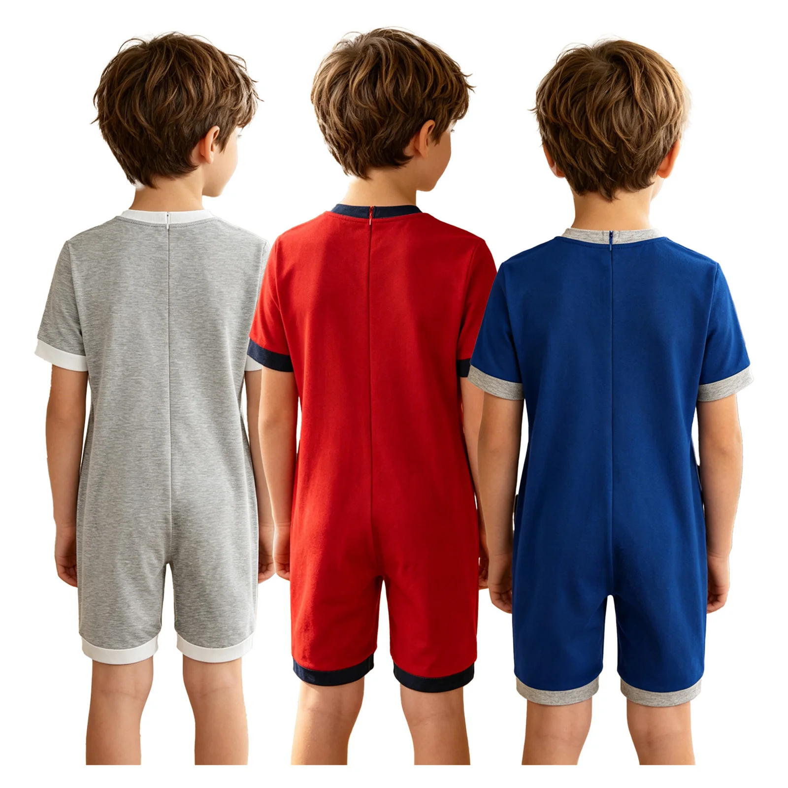 Kids Boys Girls Special Needs Adaptive Clothing Anti-strip Back Zipper Romper Short Sleeve Jumpsuit with Pocket Autism Homewear