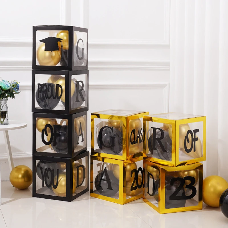 

Transparent Graduate Boxes Graduation Season With Black Letter Class Of 2024 GRAD Balloon Boxes for Graduation Party Decoration