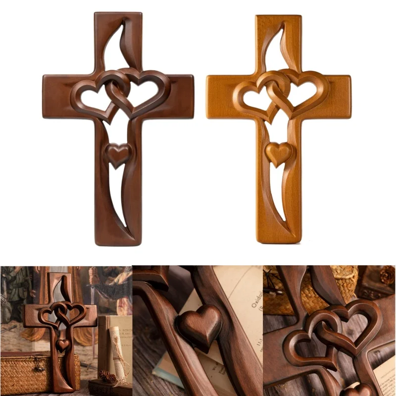 Intertwined Hearts Wooden Cross Handmade Wooden Carved Heart Crafts Wedding Memorial Gift Ideas Living Room Hanging Decoration