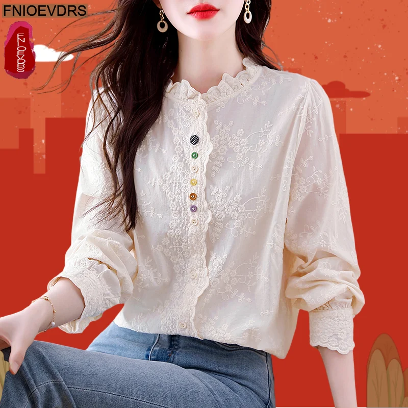 

Embroidery Cute Sweet Tops 2025 Women Spring Casual Loose Blouses Japan Girls Floral Retro Vintage Button Cotton Shirts