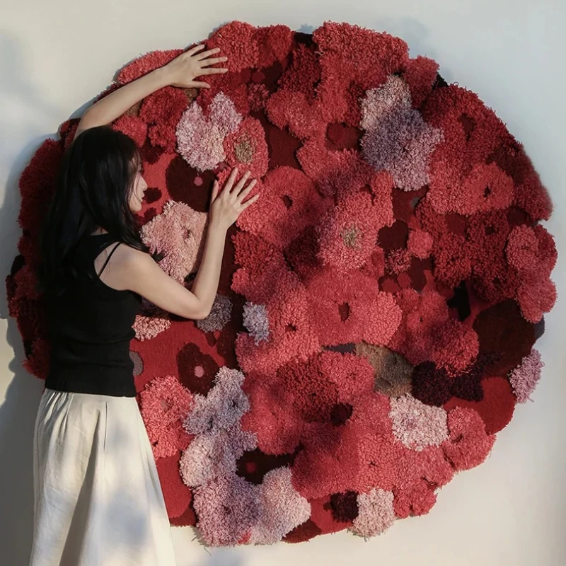 Limited Flower Sea Red! 100% Handmade Red Carpet Round Wool Living Room ins Premium Bedroom Vintage Style