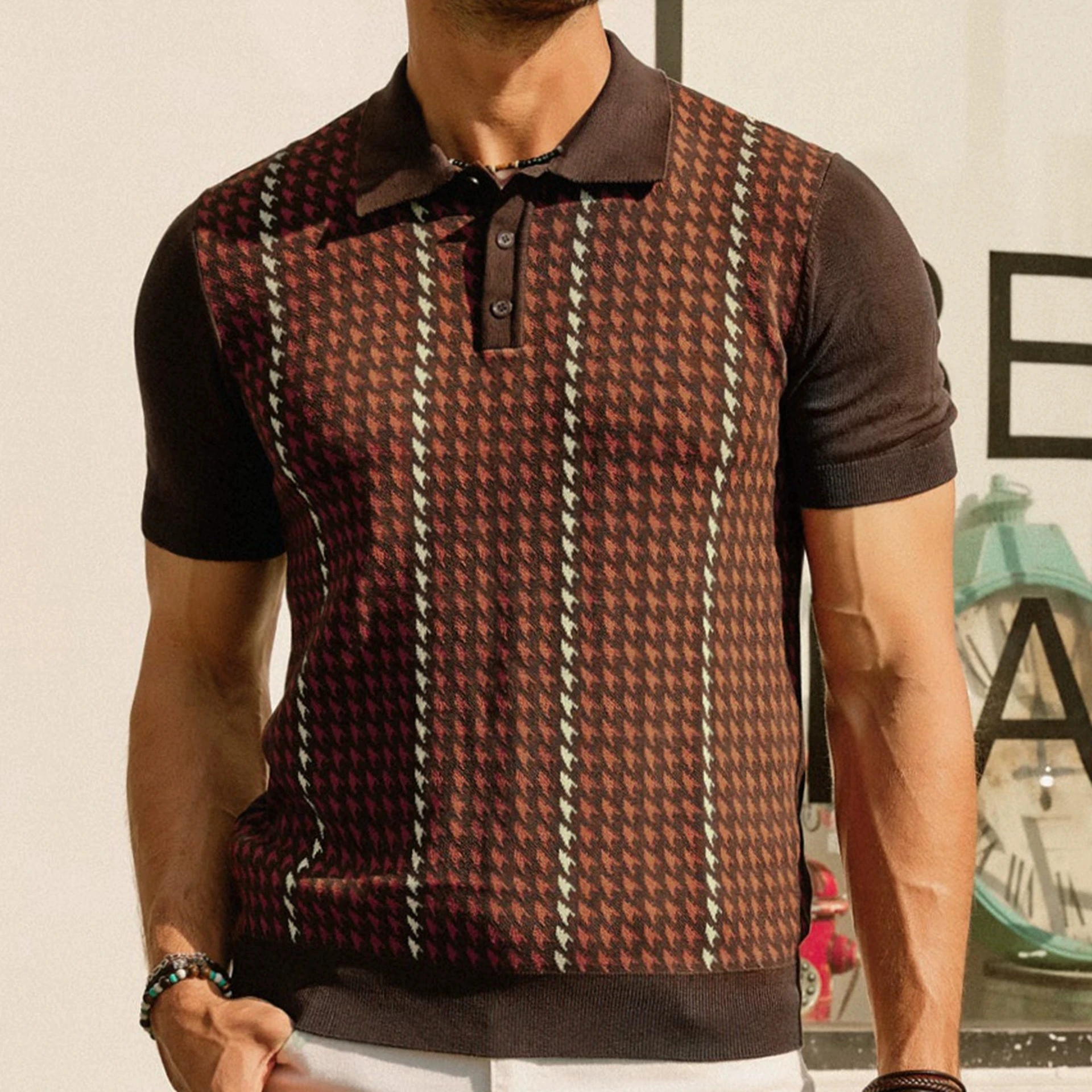 

Men's European and American summer high-end fashion cool mulberry silk knitted shirt jacquard business polo shirt top