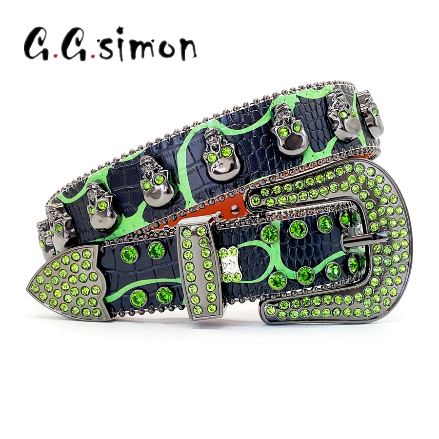 

GGSIMON Western Skull Rhinestone Belt Men Women Diamond Pin Buckle Studded Belts Ceinture Femme Cinto De Strass Cowboy Cowgirl