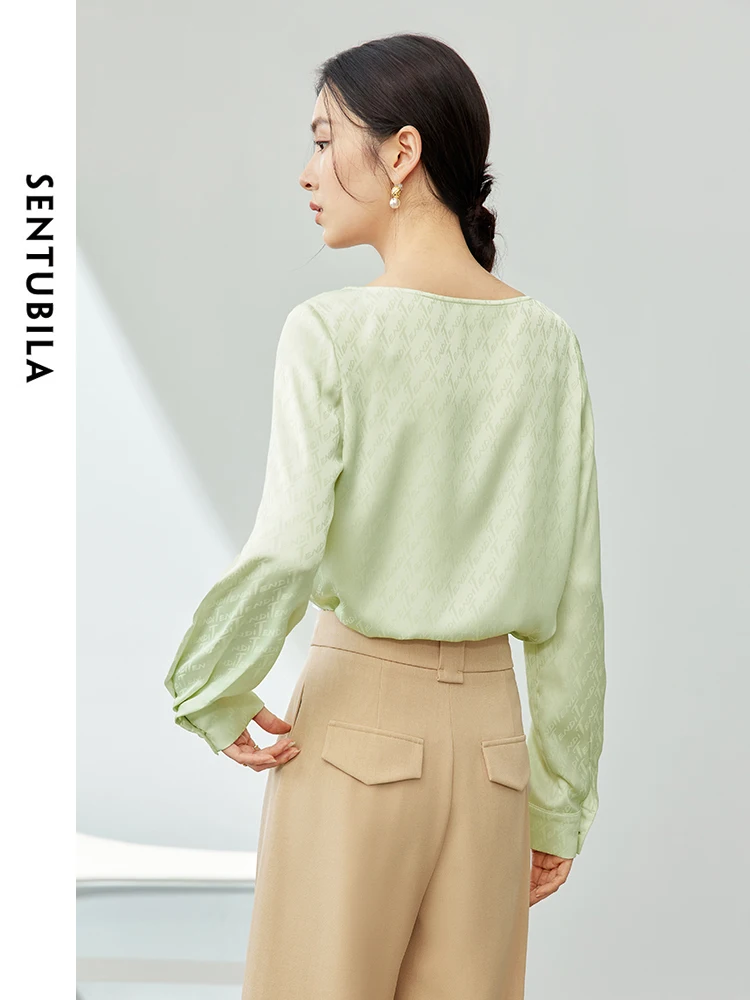 SENTUBILA Green Letter Jacquard Chiffon Shirt 2024 Spring Simple Skew Collar Loose Long Sleeve Blouse Womens Tops 141V53449