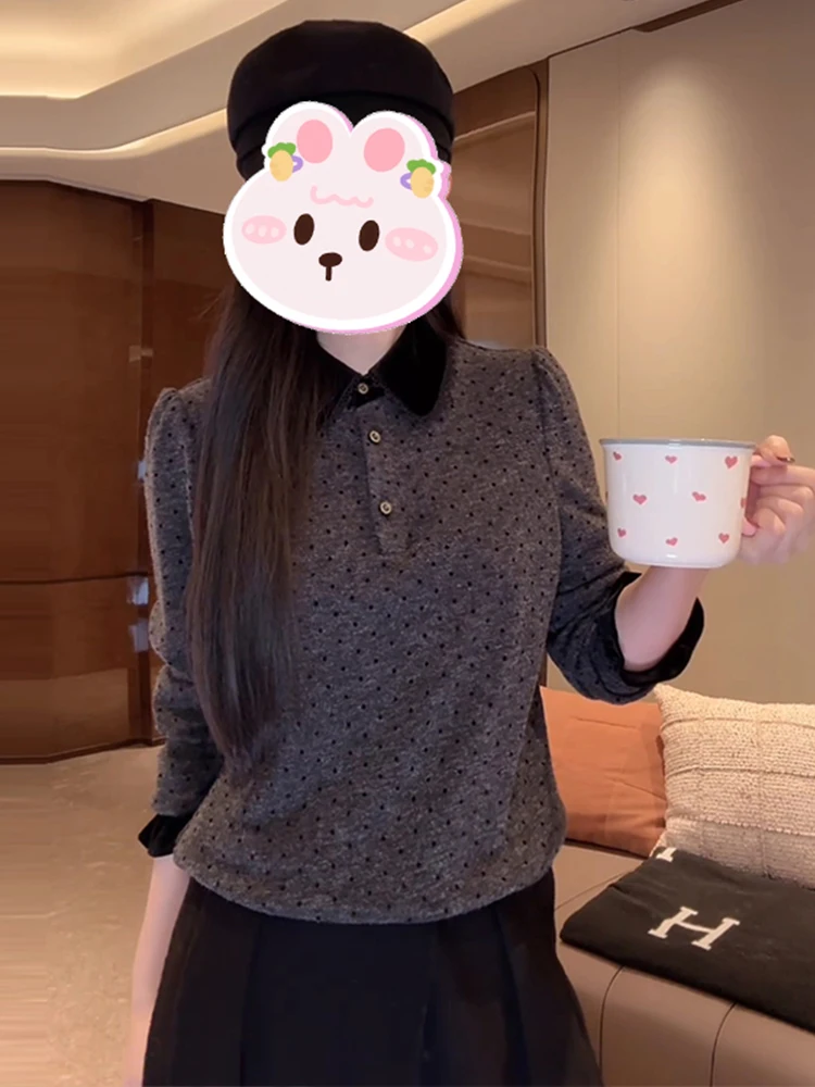 

Ele Polka Dot Knitwear for Women Casual Loose Fit Long Sve Turn-down Collar Faionable Slimming Winter Top