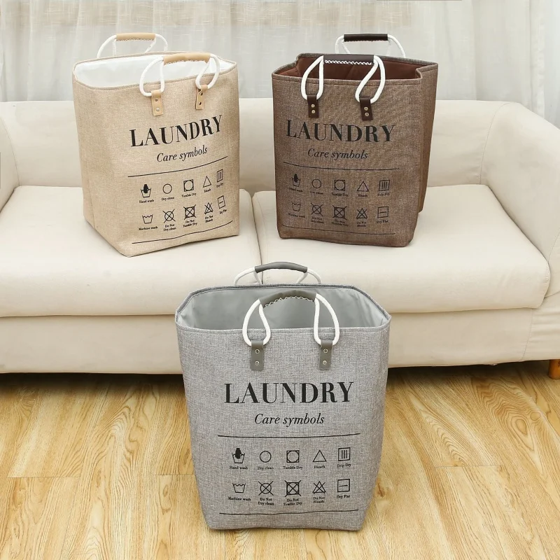 New Laundry Basket Leather Handle Waterproof Large Cotton Linen Storage Basket Kids Toys Foldable Dirty Clothing Orgnizer Bin