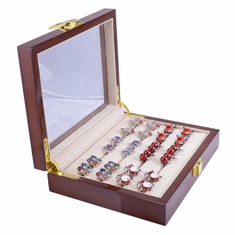 

Glass Cufflinks Box for Men Painted Wooden Collection Display Box Storage 12Pairs Capacity Rings Jewelry Box