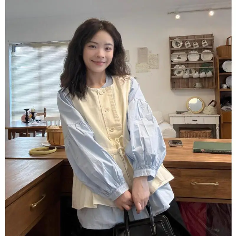 سترة المرأة الحلو الرباط الدانتيل يصل الخصر أكمام صدرية قميص الربيع الصيف الصلبة عادية التداخل بلوزات فضفاضة سيدة