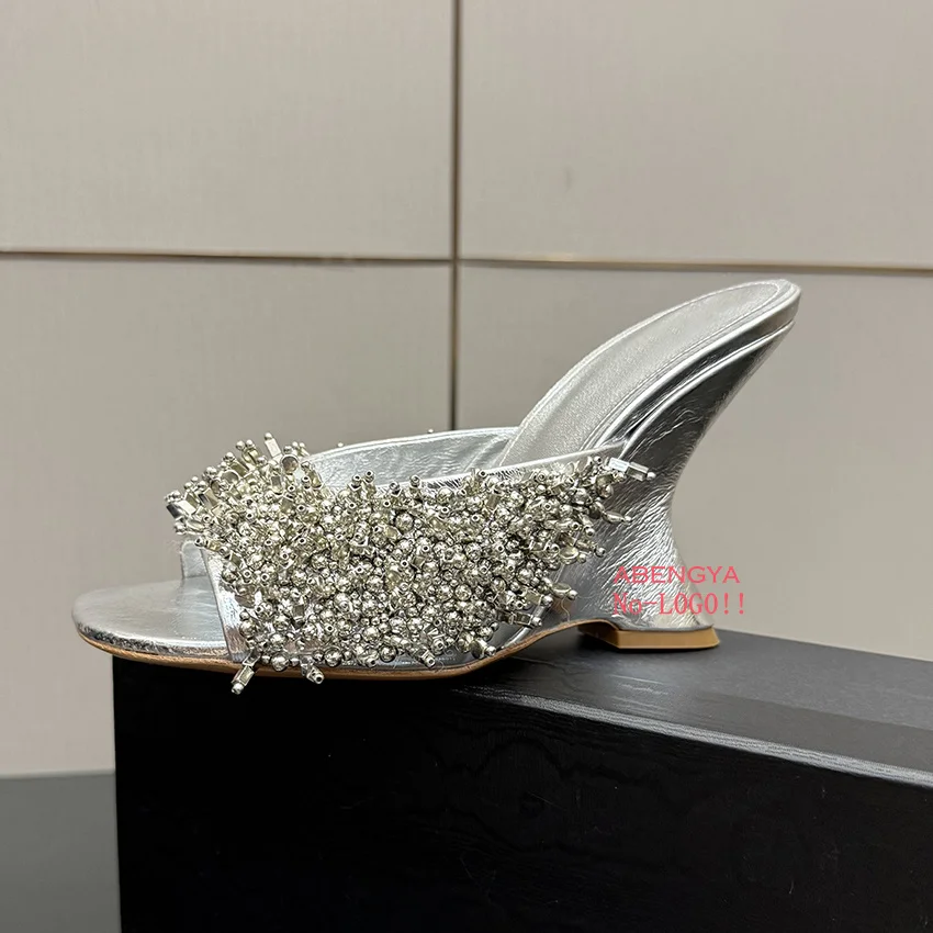Summer Sexy Gold Silver Leather Wedge High Heels Slippers Women Open Toe Beaded Designer Crystal Party Wedding Shoes For Women view 5