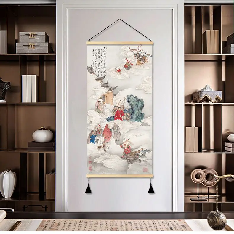 

Chinese Style The God of Wealth Scroll Wall Paintings Vintage Room Decor Aesthetic Living Room Fengshui Home Decoration Posters