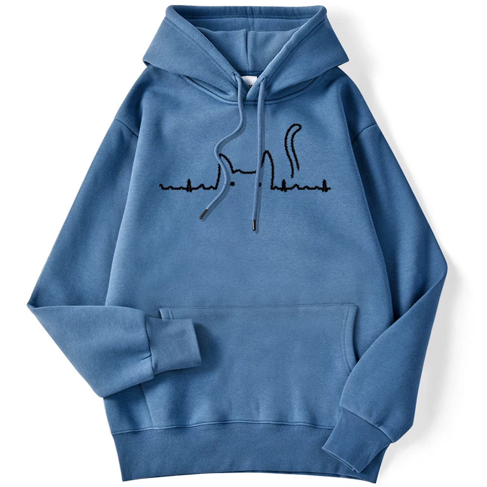 Sporty Women\'s Hoodie Cat Tail Electrocardiogram Kawaii Printing Pullover Loose Strecth Pocket Sweatshirts Streetwear Clothing