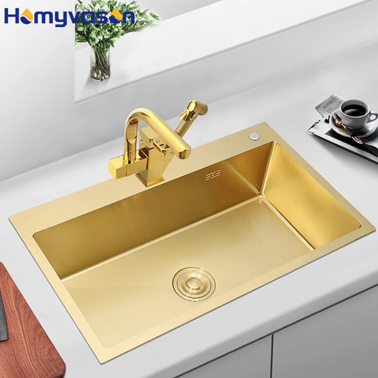 

Popular Gold Kitchen Sink Undermount 304 Stainless Steel Single Bowl Golden Basket Drainer Soap Dispenser Washing Basin
