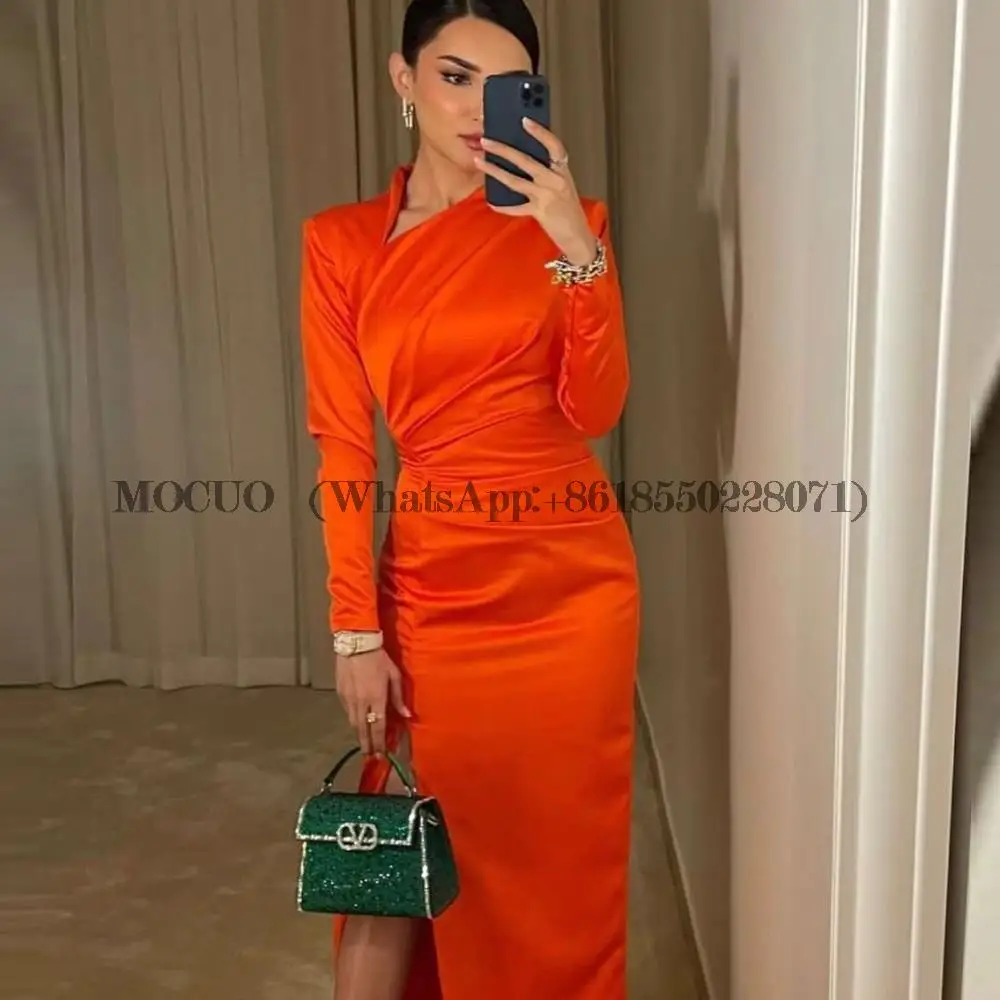 

Orange Evening Dresses Women Saudi Arabia Satin Long Sleeves High Slit Vintage Wedding Guest Elegant Formal Party Gowns