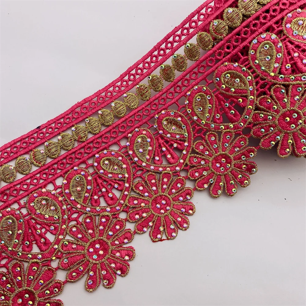 9.5yards 16colors African lace trim with rhinestone Metallic Embroidered Motif Lace Nigeria Venice Trim Wide 12CM