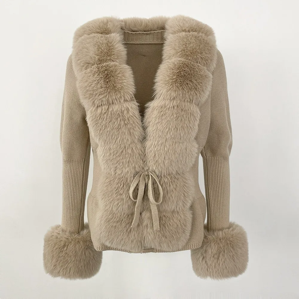 Faux Fur Coat Luxury Patchwork Knit Sweater Bandage Fur Cardigan Detachable Collar Jacket Autumn-winter Women's Faux Fur Coat