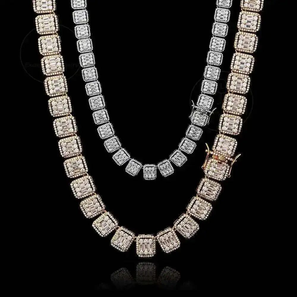 

Excellent Jewelry 13mm Hip Hop Bling Square Rock Sugar Zircon Diamond Iced Out Baguette Clustered Tennis Chain Choker Necklace