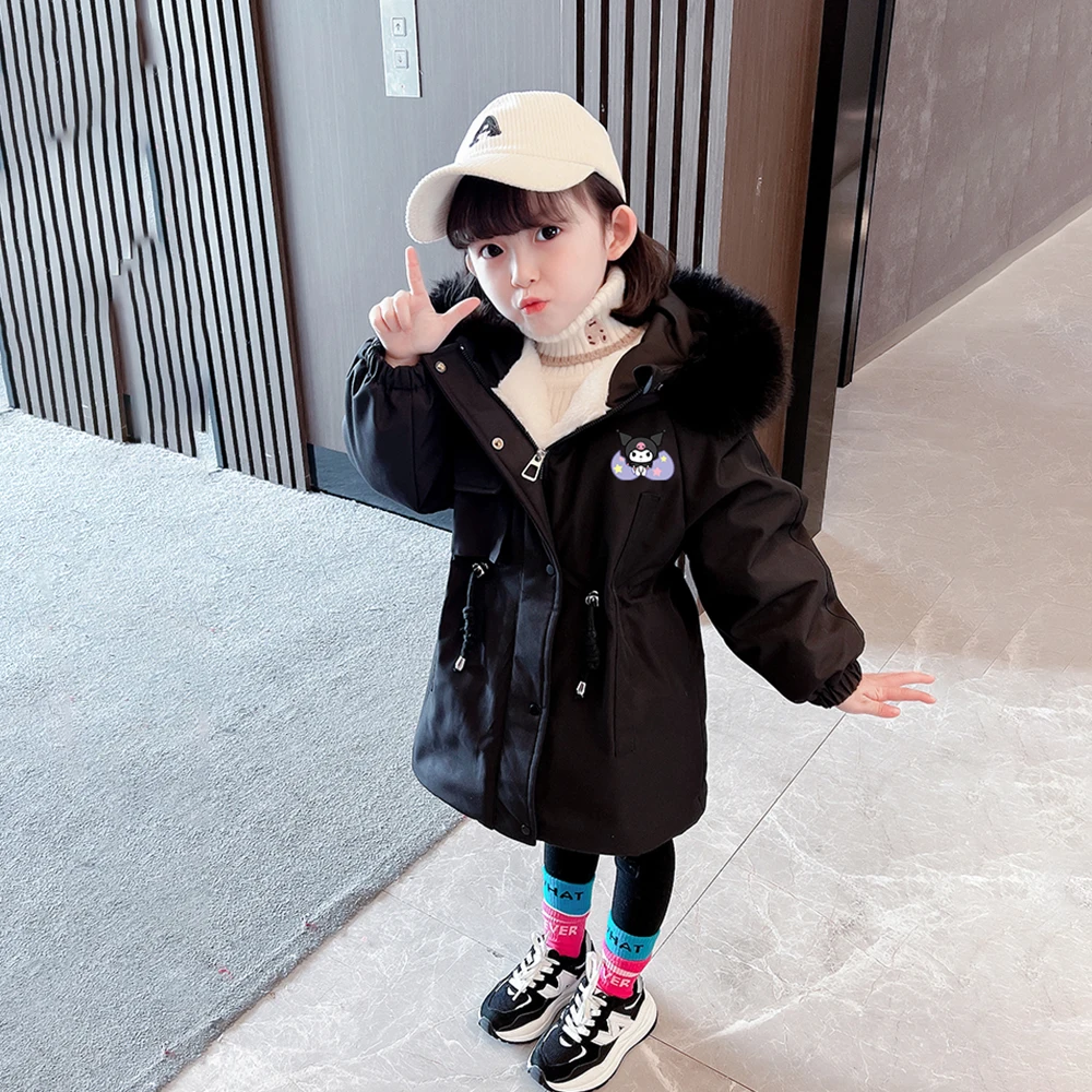 Anime Sanrio Y2K Hellokitty Cinnamoroll Melody Kids Parkas Winter Hooded Jacket for Girls Top Warm Thick Velvet Causal Outerwear