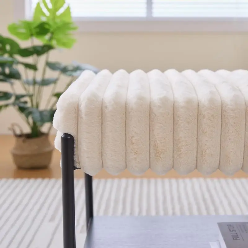 30.7" Wide Upholstered Ottoman Coffee Table with Black Metal Legs, Footstool featuring Wooden Open Storage Shelf, Faux Fur