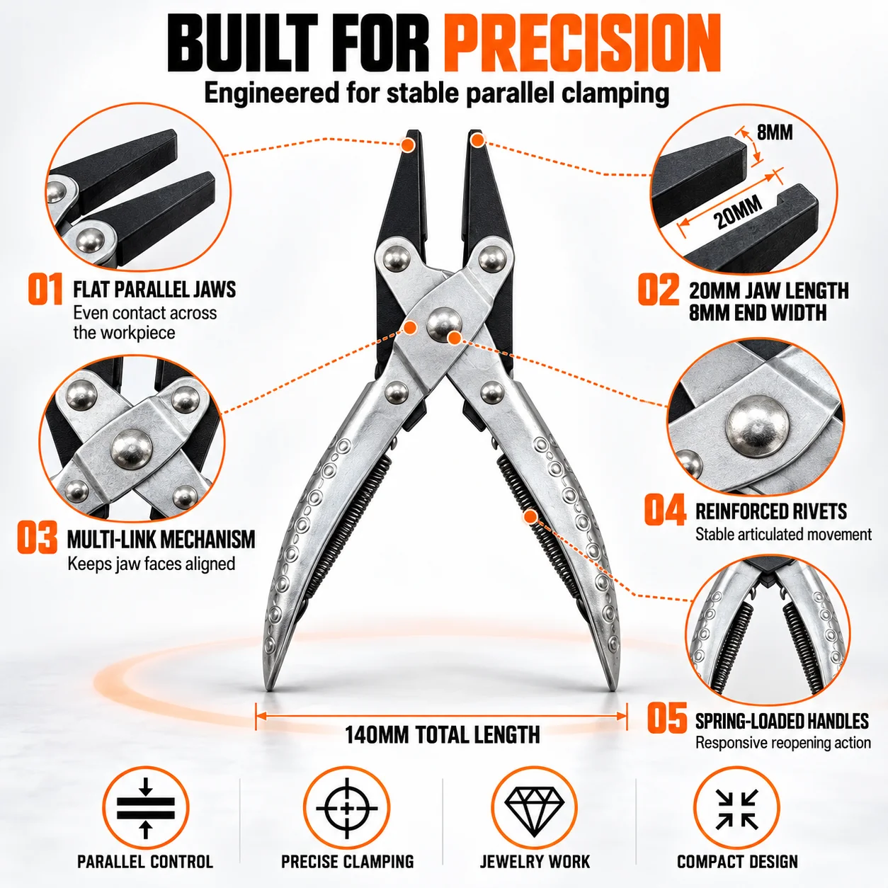 Parallel Pliers with Spring for Jewellery Clamping - Precision Carbon Steel Flat Round Sharp Non Slip Tips Jewelry Making Tools