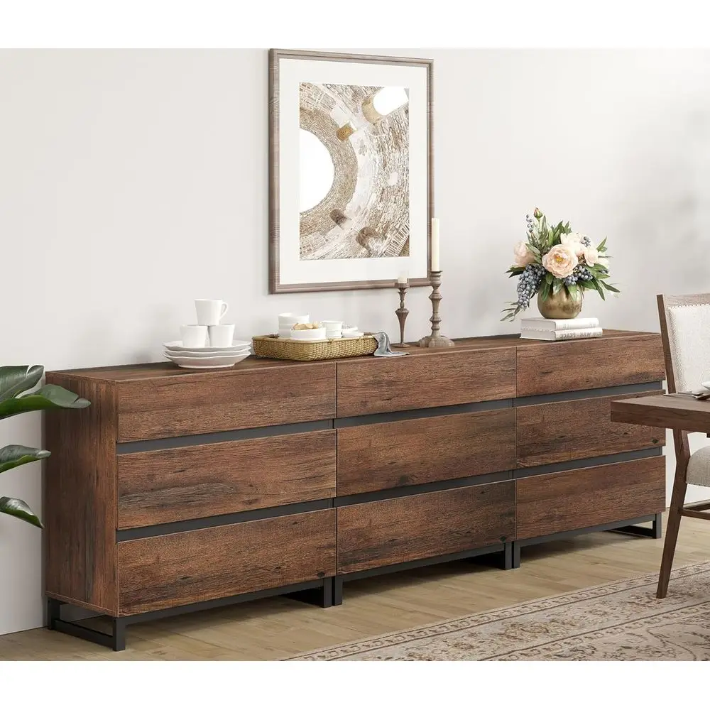 

3-in-1 Espresso Sideboard with 9 Drawers, Metal Base, Storage & Coffee Bar Cabinet for Kitchen or Dining