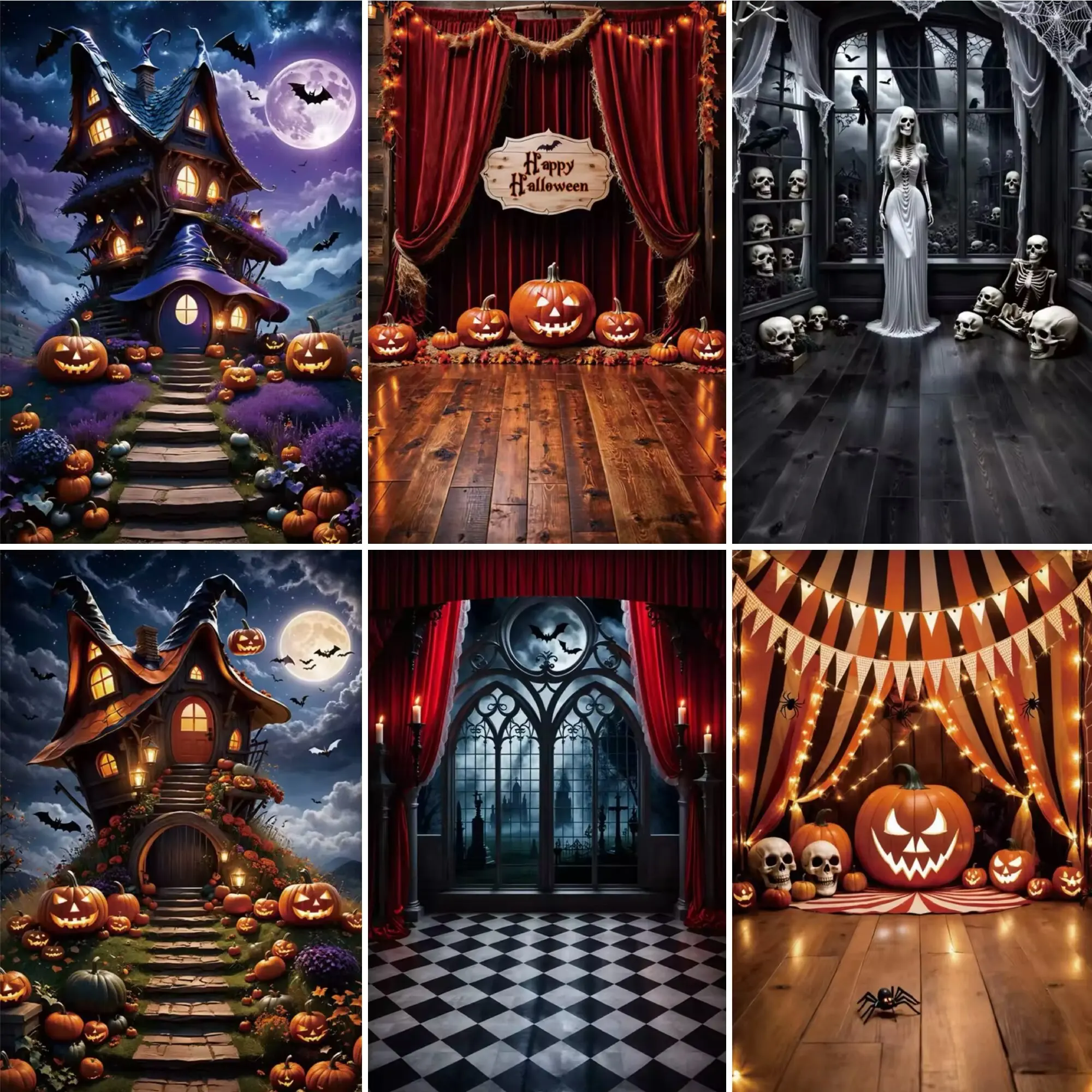 

Horror Halloween Castle Theme Background Circus Party Outdoor Skeleton Pumpkin Curtains Home Decoration Photography Background