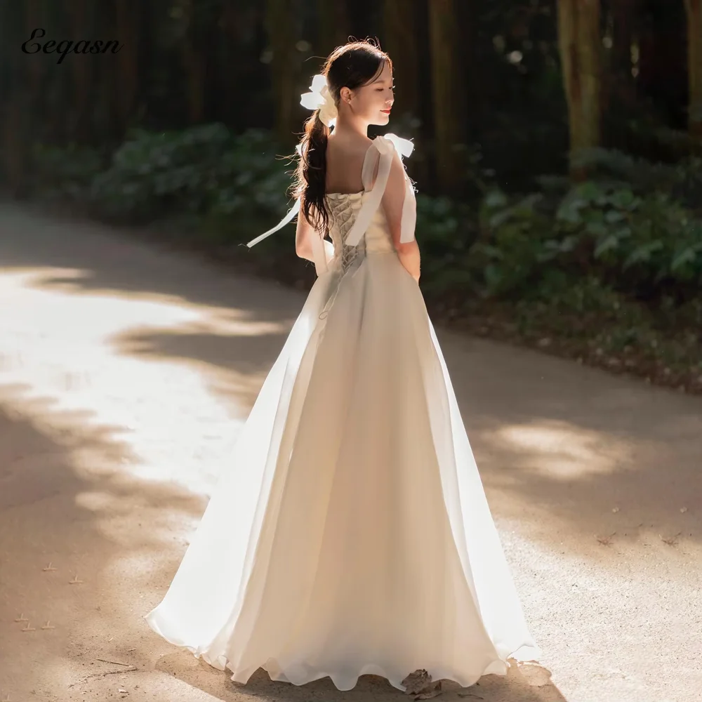 

Simple Long Korean Wedding Dresses Photo Shoot A Line Organza Bow Straps Bridal Gown A Line Custom Wed Bride Dress