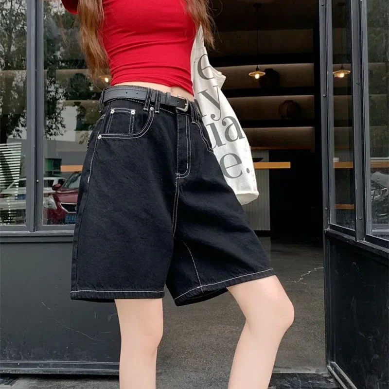 Chic preto shorts jeans feminino 2025 verão baggy y2k moda reta denim calças curtas mulher vintage todos os jogos streetwear shorts
