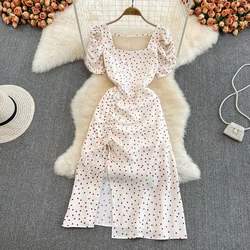 Women's Square Collar Drawstring Puff Sleeve Dress Summer Mid Length Slit Polka Dot Vestidos Elegant A-line Female Party Dress