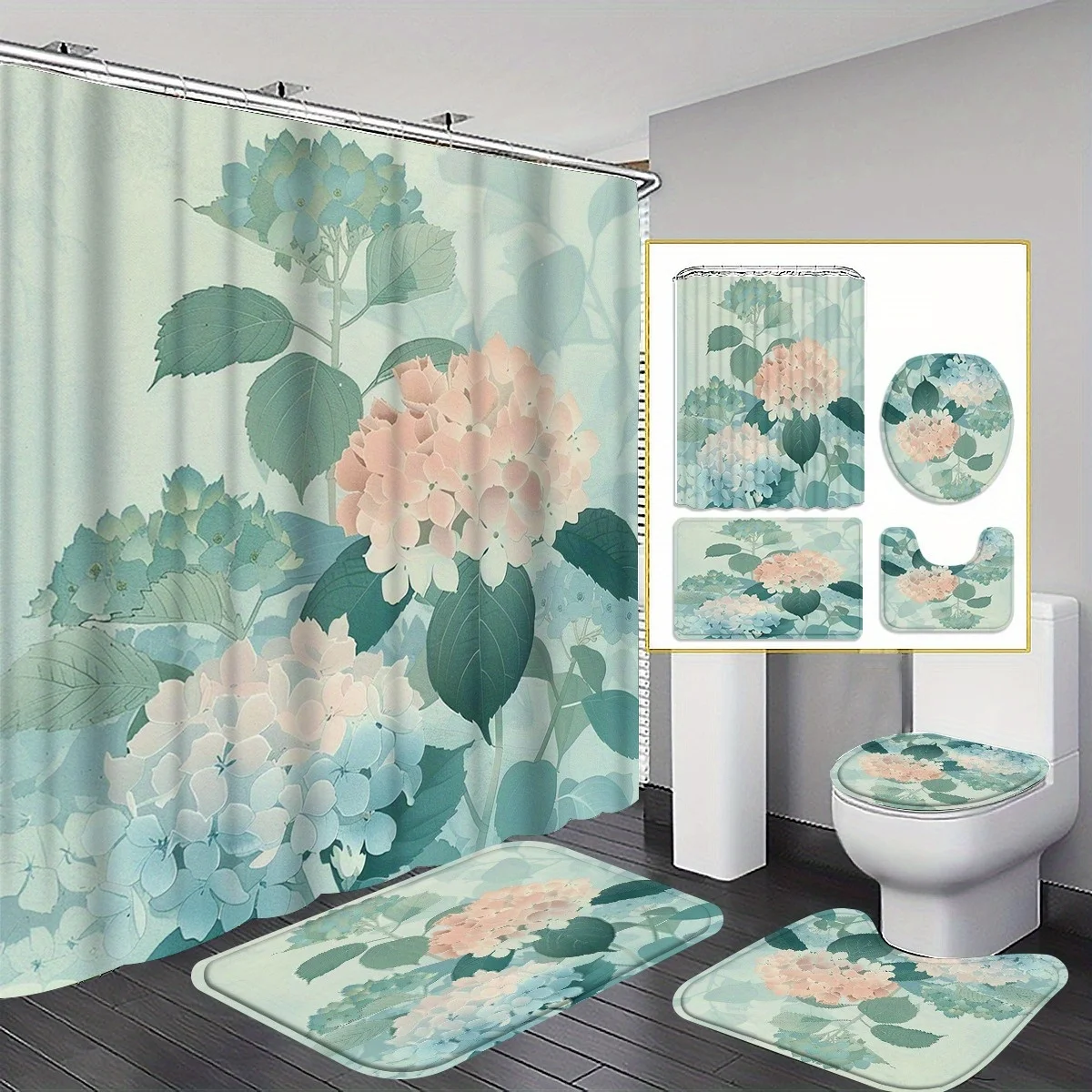 

4pc Floral pattern bathroom set, shower curtain with hooks, non-slip mat, U-shaped mat, toilet seat cover.