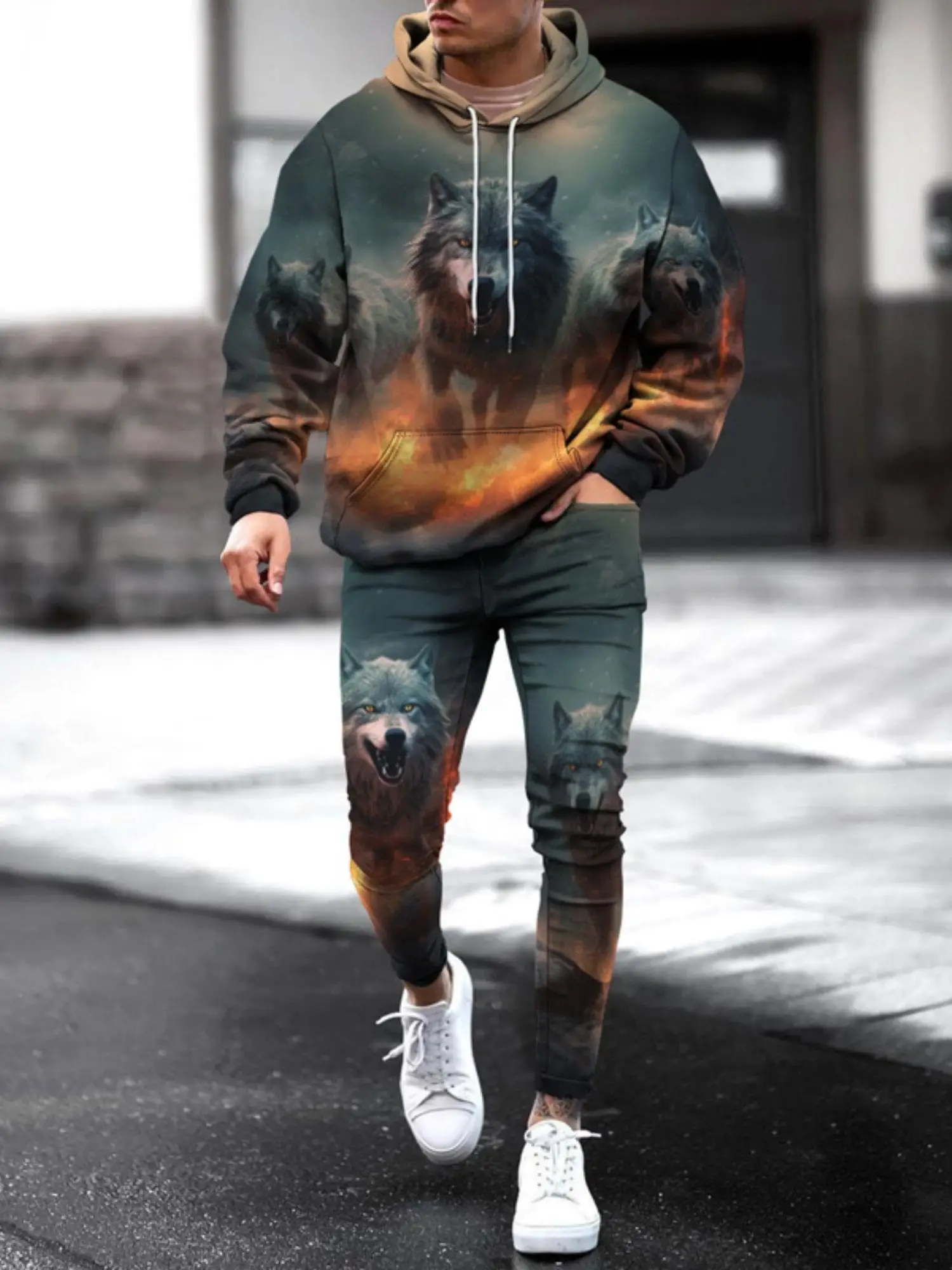 Dos homens 3d Impresso Romance Lobo Hoodie Set Adulto Duas Peças Sportswear Camisola Casual Moda Rua Sweatpants Terno Homens Universal