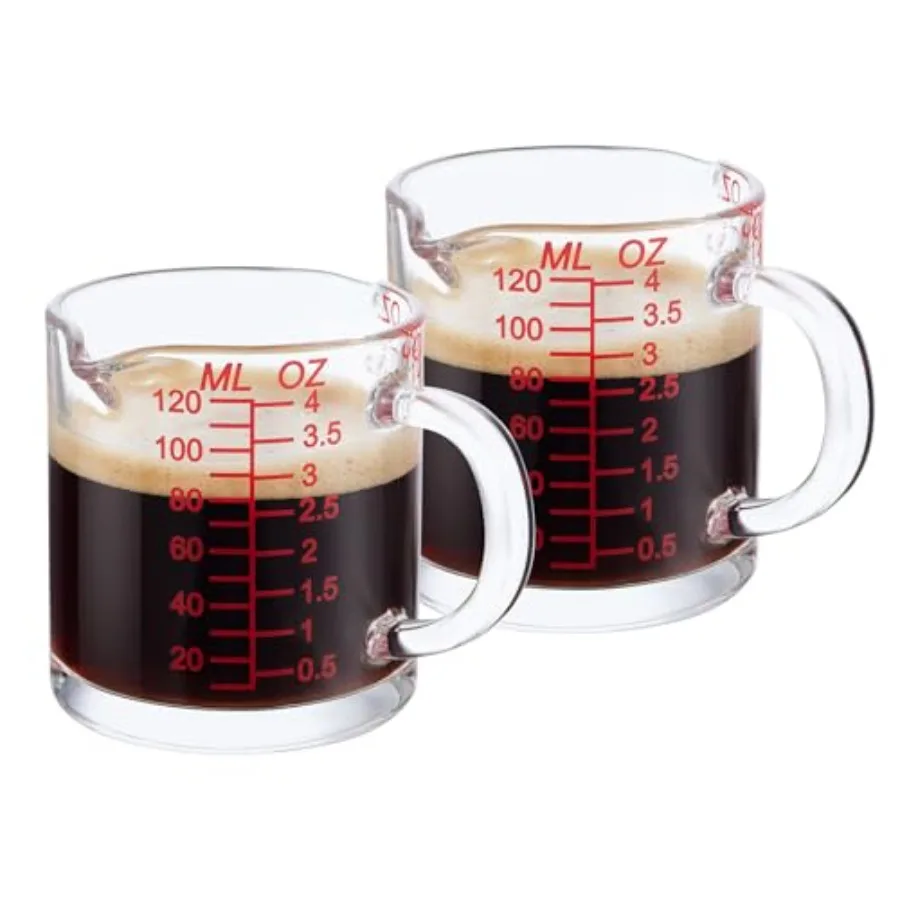 

Мерный стакан для выстрела, 4 унции/120 мл, жидкий стакан для эспрессо, тяжелый, с ручкой, двойные носики, упаковка из 2 шт.