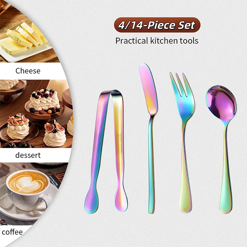 

4/14Pcs Cutlery Set, 304 Stainless Steel Ice Clip Butter Knife Coffee Spoon Cake Fruit Fork Afternoon Tea Dessert Tableware Set