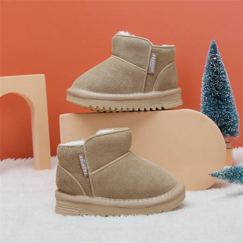 2023 New Winter Baby Snow Boots Leather Warm Plush Infant Shoes Zip Side Soft Sole Fashion Toddler Boys Girls Boots 15-25