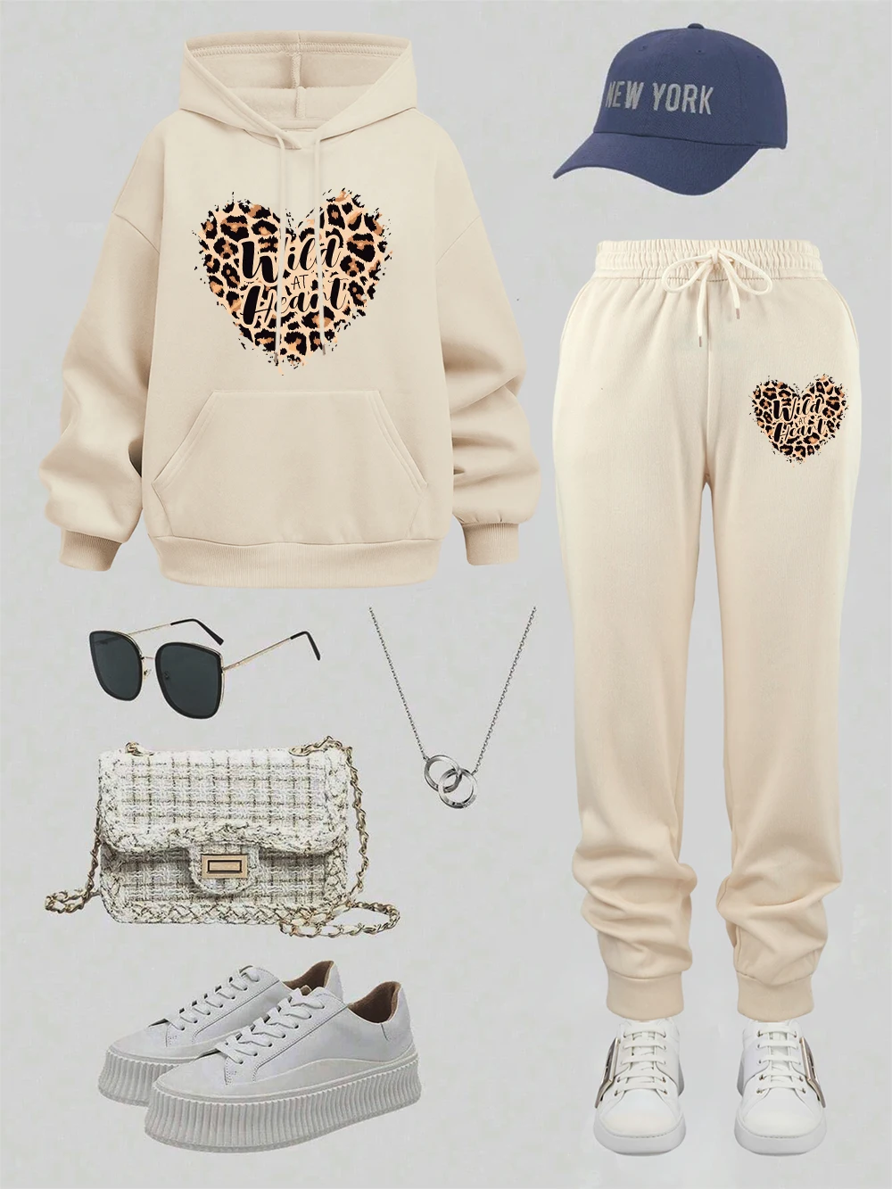 

Женский комплект с капюшоном из 2 предметов, спортивные штаны с леопардовым принтом Wild At Heart, повседневные свободные флисовые спортивные штаны с капюшоном, зимняя одежда с карманами