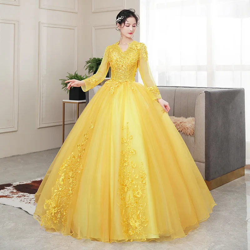 

GUXQD Shiny Ball Gown Women Evening Dresses Appliques V Neck Long Sleeves Prom Birthday Party Gowns Vestido De Noche