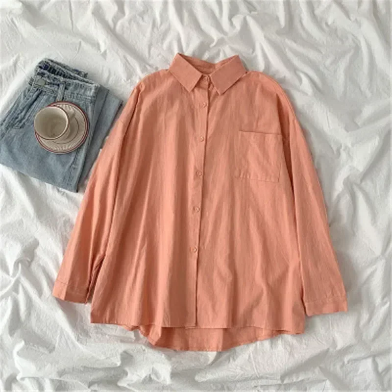 Blus kerah Turn-Down Fashion Korea, baju atasan lengan panjang longgar warna polos gaya Preppy musim gugur baru 30269