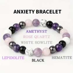 Stress Relief Bracelet: Amethyst, Black Tourmaline, Clear Quartz, Hematite, Lepidolite, Rose Quartz and White 8mm Round Crystal