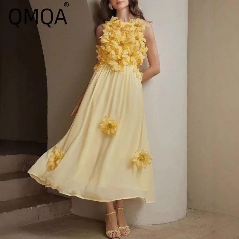 Qmqa moda feminina elegante estilo férias colete vestido em torno do pescoço cintura alta magro tridimensional floral vestidos elegantes qm761