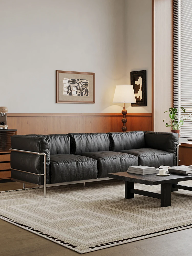 

Medieval leather sofa Italian minimalist living room designer first layer cowhide straight row three people