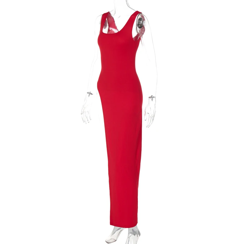 Sexy Sleeveless Side High Split Midi Dress Backless Women's Summer Party Club Streetwear Y2K Style Solid Color