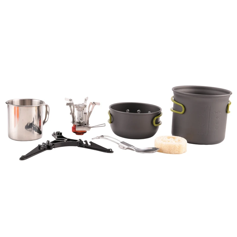 

Camping Pot And Pan Set With Mini Backpacking Stove Cooking Gear For Outdoor Hiking Campfire