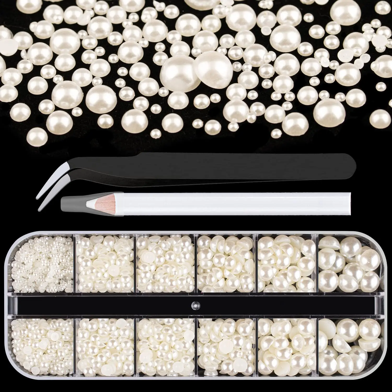 1 Boîte de Perles Demi-Rondes à Dos Plat avec Stylo de Précision et Pince à Épiler pour DIY à Domicile, Nail Art Professionnel, Maquillage Visage et Artisanat