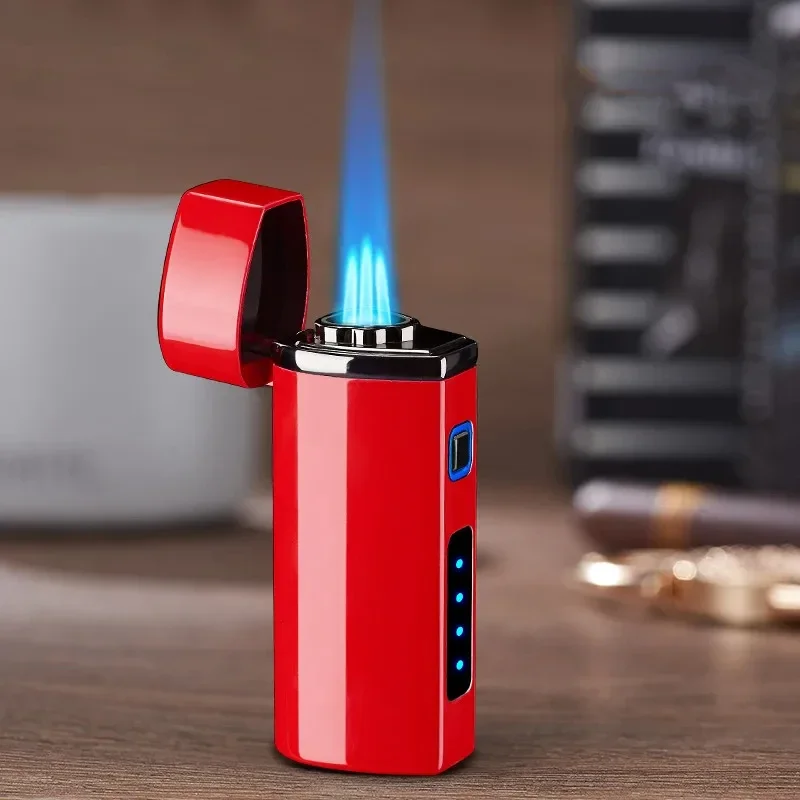 New Touch Sensing Metal Outdoor Windproof Electric USB Lighter Turbo Three Torch Blue Flame Gas Lighter Cigar Tool  Men\'s Gifts