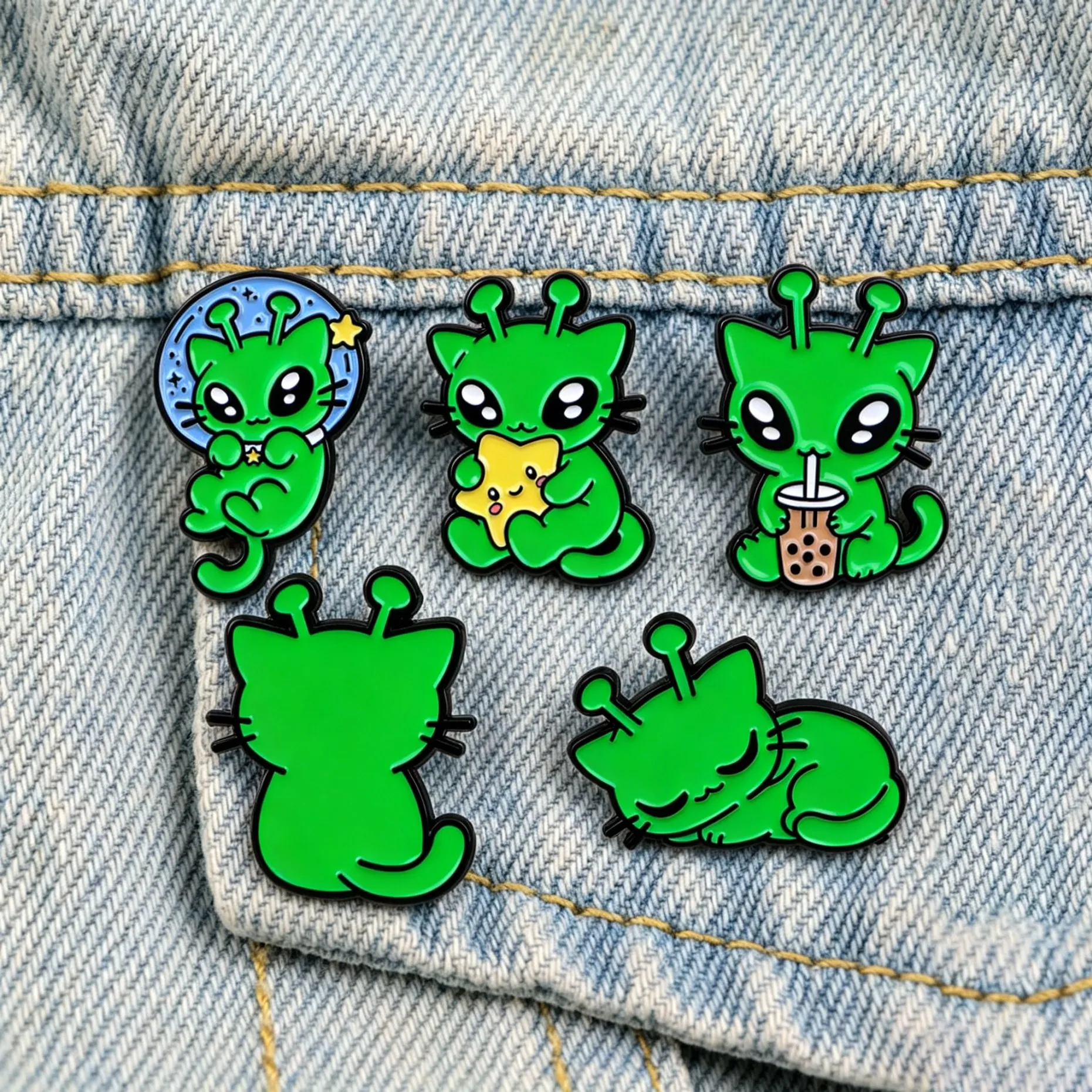 Kawaii Green Alien Cat Enamel Pins Tea Star Moon Sleep Cartoon Lapel Brooches Denim Jacket Backpack Cute Space Jewelry Fans Gift