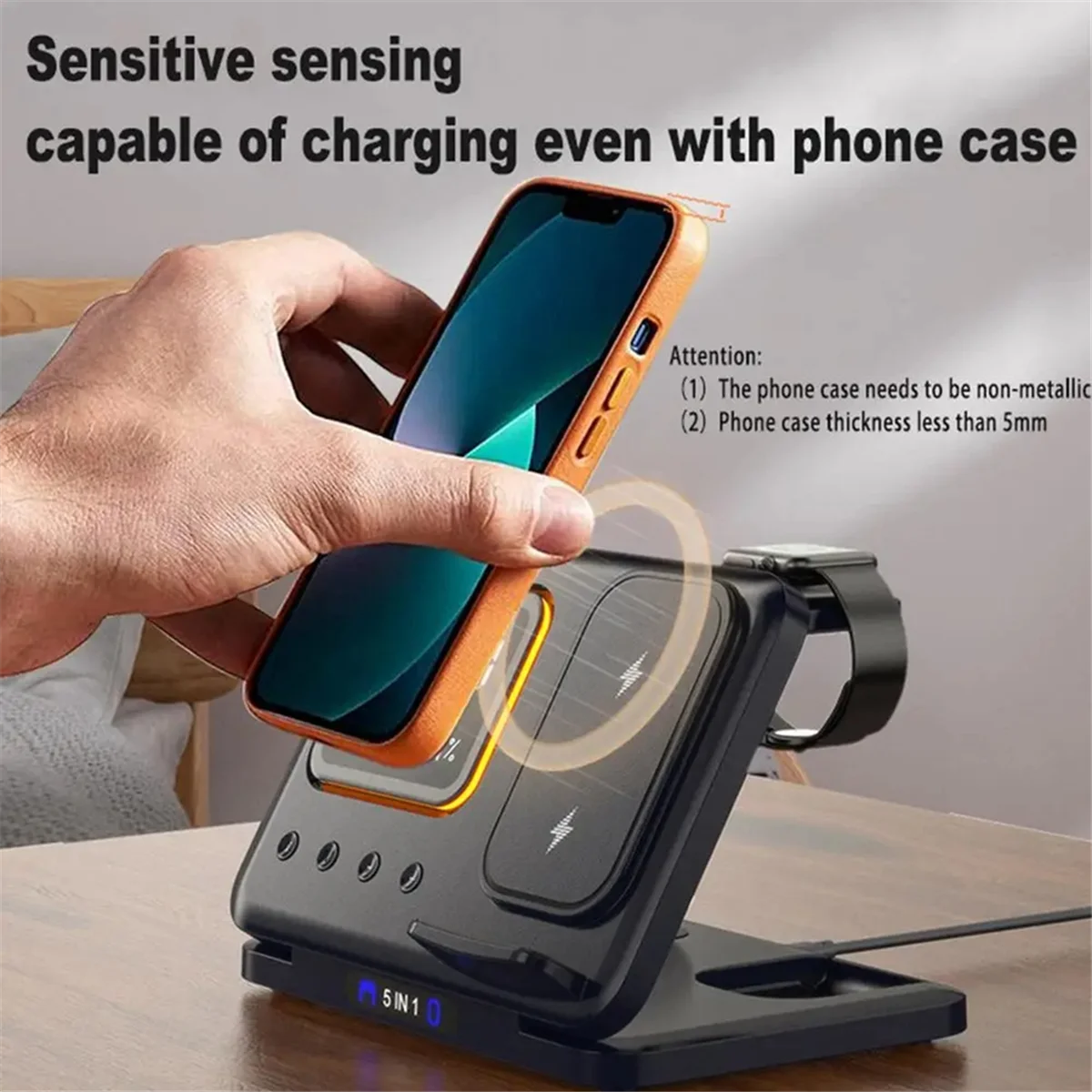 New Foldable 5-in-1 Wireless Chargers Stand 5 In1 LED Digital Alarm Clock Fast Charging Dock Station for IPhone 15 14 IWatch 8