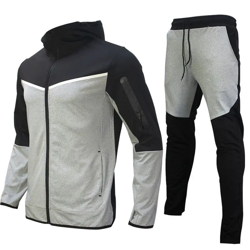 Conjunto completo com capuz, jaqueta esportiva, moletom, calça de manga comprida, aberta, outono, inverno, com bloco de cores para homens