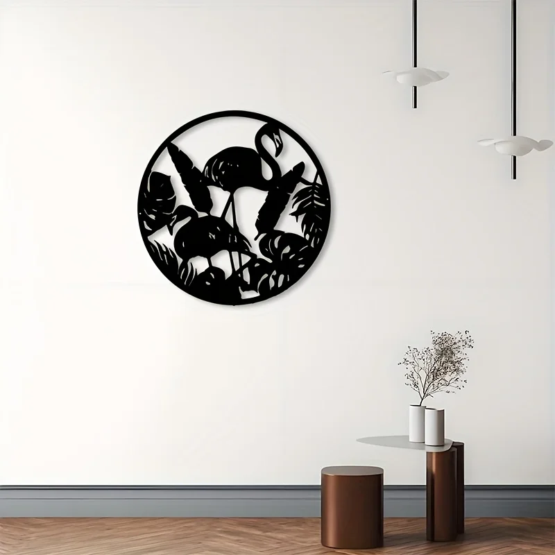 Arte de Pared de Metal con Diseño de Flamenco, Silueta de Metal Negro, Hojas de Palma Tropicales, Resistente al Agua, Decoración para Interiores y Exteriores, Fácil de Instalar