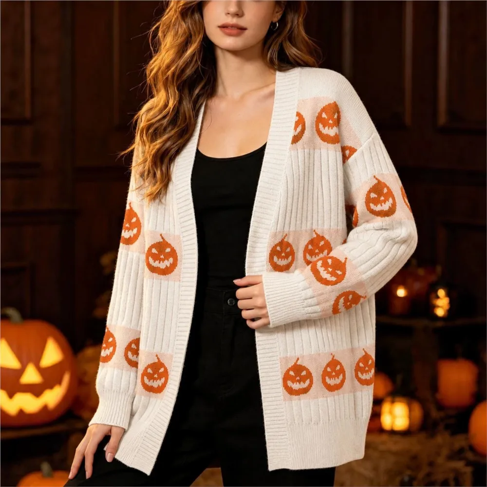 Women Halloween Pumpkin Face Print Knit Cardigan V Neck Long Sleeve Open Front Sweater Coat Casual Loose Autumn Winter Outerwear