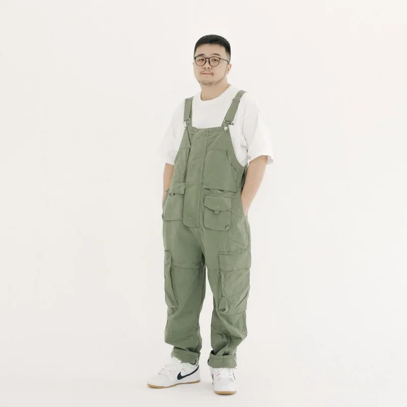 Original Design Vintage Style Casual Loose Workwear Strap Pants Pocket Zipper Simple Straight-Leg Bib Trousers Cargo Pants