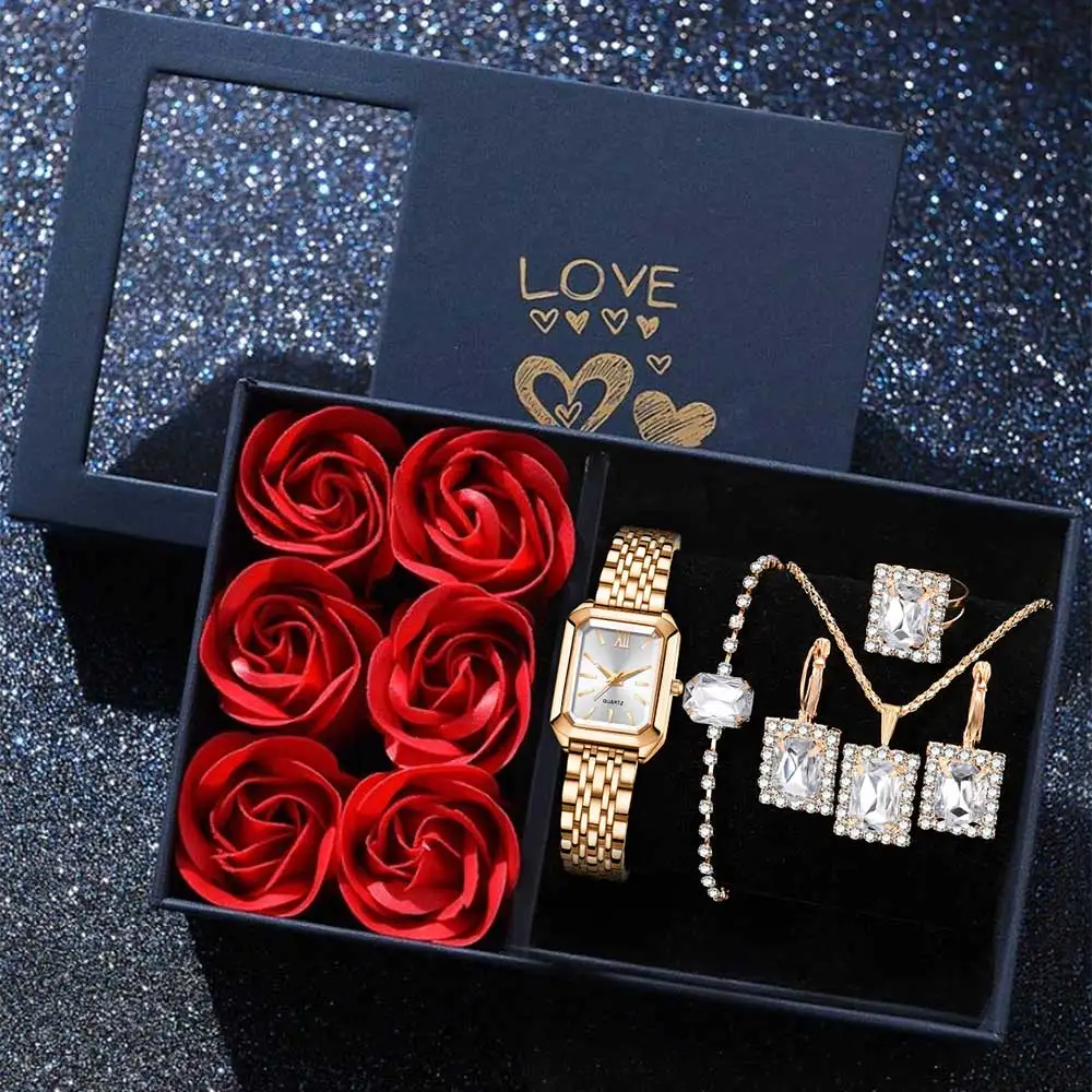 

6 шт./компл. модные женские часы, модные простые кварцевые часы с прямоугольным циферблатом, браслет, ожерелье, серьги, идеальный подарочный набор